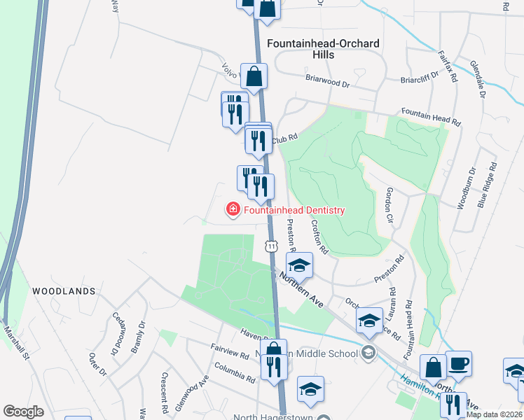map of restaurants, bars, coffee shops, grocery stores, and more near 13108 Pennsylvania Avenue in Hagerstown