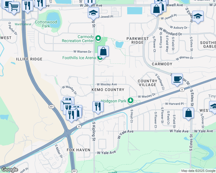 map of restaurants, bars, coffee shops, grocery stores, and more near 9885 West Wesley Avenue in Lakewood