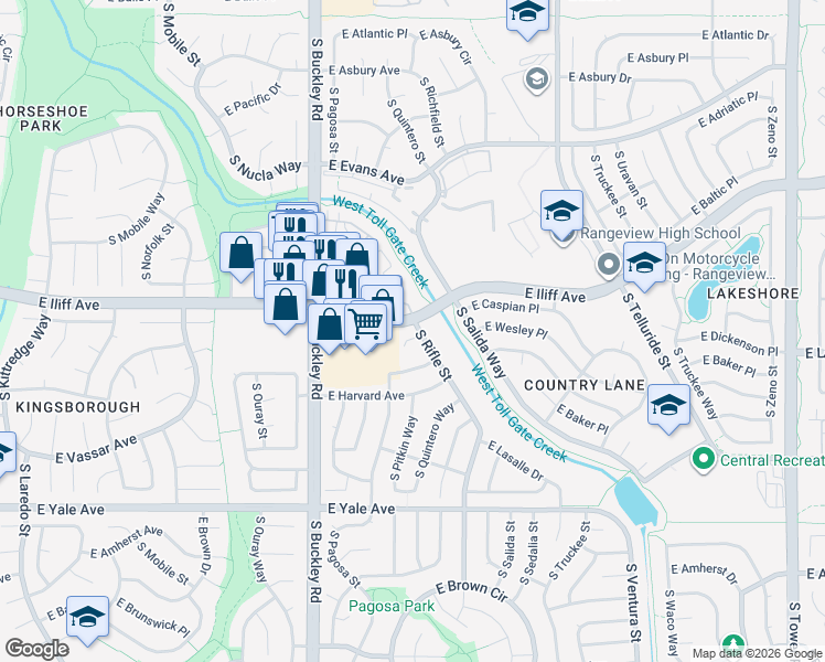map of restaurants, bars, coffee shops, grocery stores, and more near 17191 Baltic Drive in Aurora