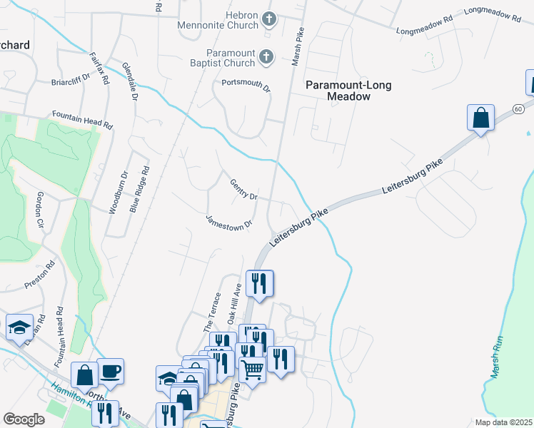 map of restaurants, bars, coffee shops, grocery stores, and more near Marsh Pike in Hagerstown