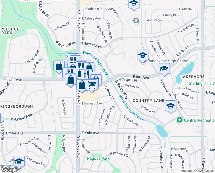 map of restaurants, bars, coffee shops, grocery stores, and more near 17191 Baltic Drive in Aurora
