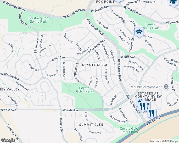 map of restaurants, bars, coffee shops, grocery stores, and more near 2321 South Fig Street in Lakewood
