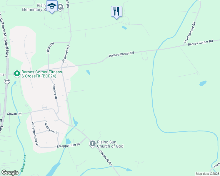 map of restaurants, bars, coffee shops, grocery stores, and more near 324 Barnes Corner Road in Rising Sun