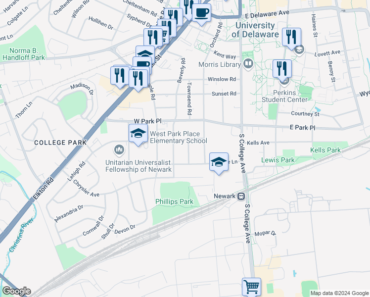 map of restaurants, bars, coffee shops, grocery stores, and more near 416 Townsend Road in Newark