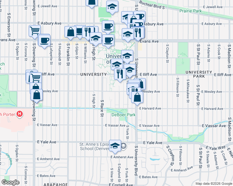 map of restaurants, bars, coffee shops, grocery stores, and more near 2101 East Wesley Avenue in Denver