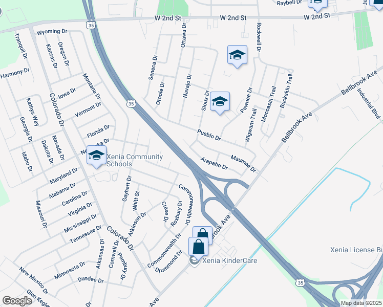 map of restaurants, bars, coffee shops, grocery stores, and more near 1791 Arapaho Drive in Xenia