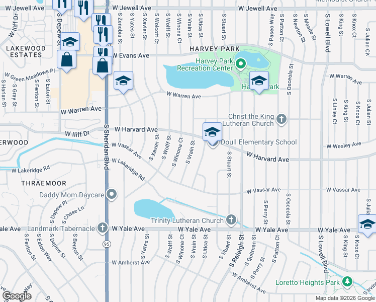 map of restaurants, bars, coffee shops, grocery stores, and more near 2522 South Winona Court in Denver
