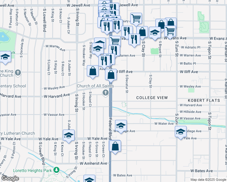 map of restaurants, bars, coffee shops, grocery stores, and more near 2965 West Wesley Avenue in Denver