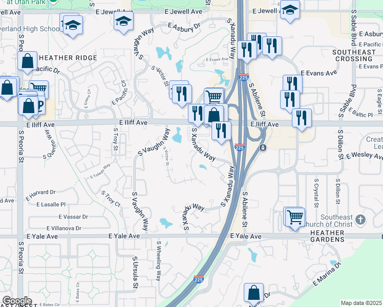 map of restaurants, bars, coffee shops, grocery stores, and more near 2397 South Xanadu Way in Aurora