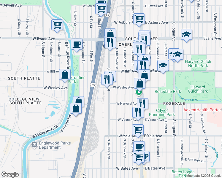 map of restaurants, bars, coffee shops, grocery stores, and more near 2375 South Delaware Street in Denver