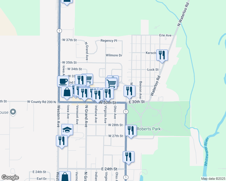 map of restaurants, bars, coffee shops, grocery stores, and more near 3140 Virginia Avenue in Connersville
