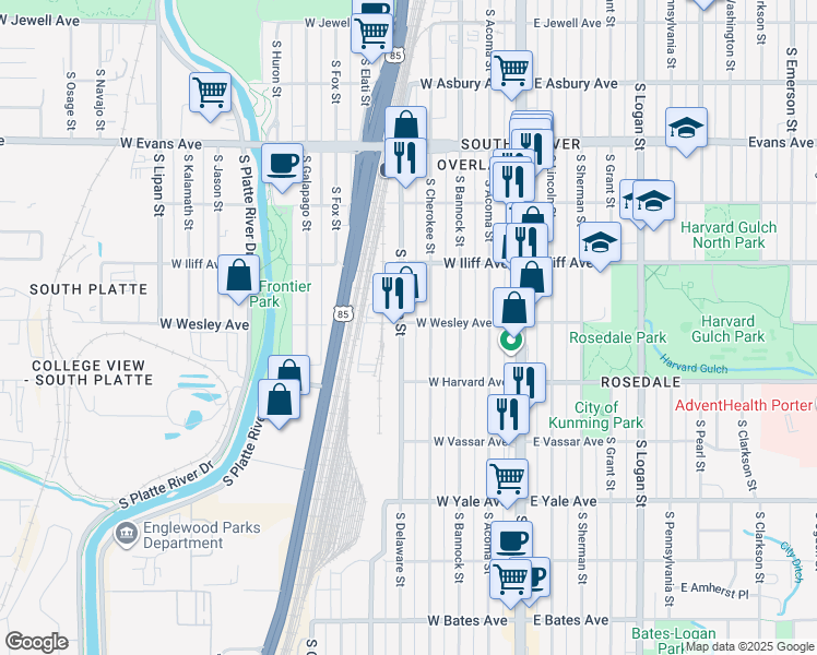 map of restaurants, bars, coffee shops, grocery stores, and more near 2375 South Delaware Street in Denver