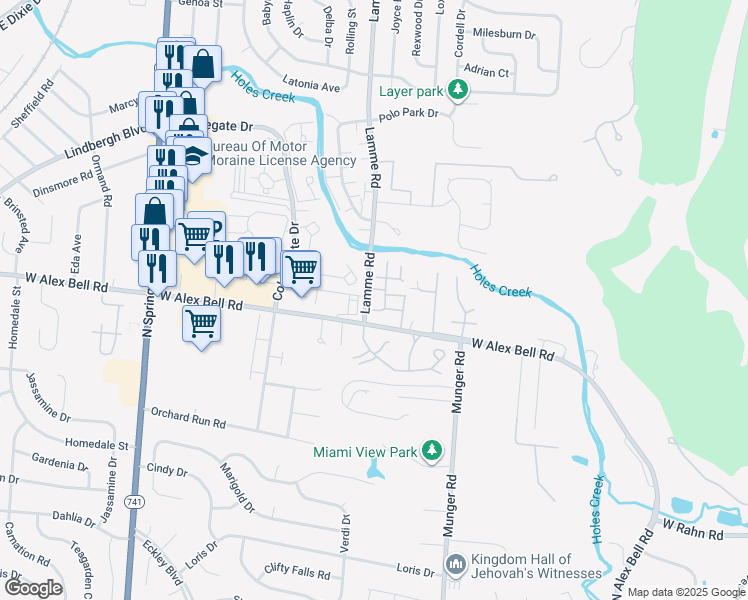 map of restaurants, bars, coffee shops, grocery stores, and more near 5456 Lamme Road in Moraine