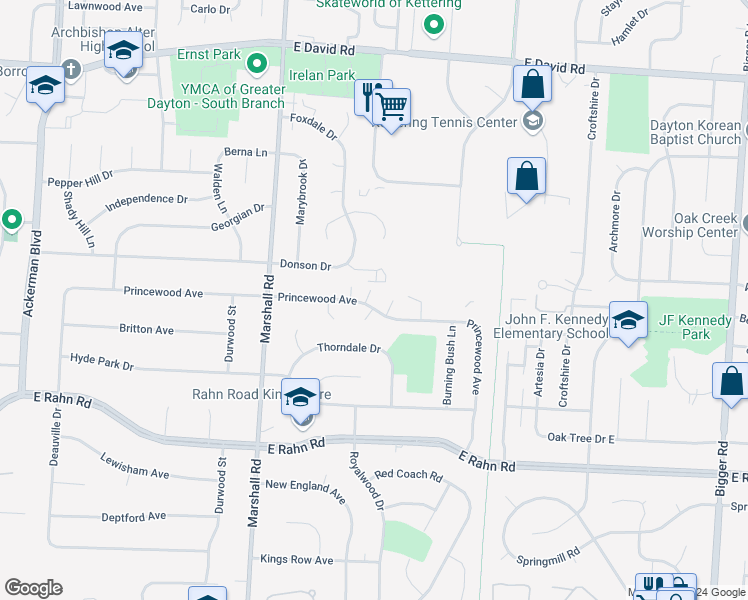 map of restaurants, bars, coffee shops, grocery stores, and more near 1015 Princewood Avenue in Dayton