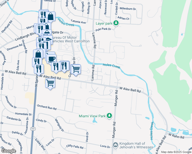 map of restaurants, bars, coffee shops, grocery stores, and more near 2205 Crew Circle in Dayton