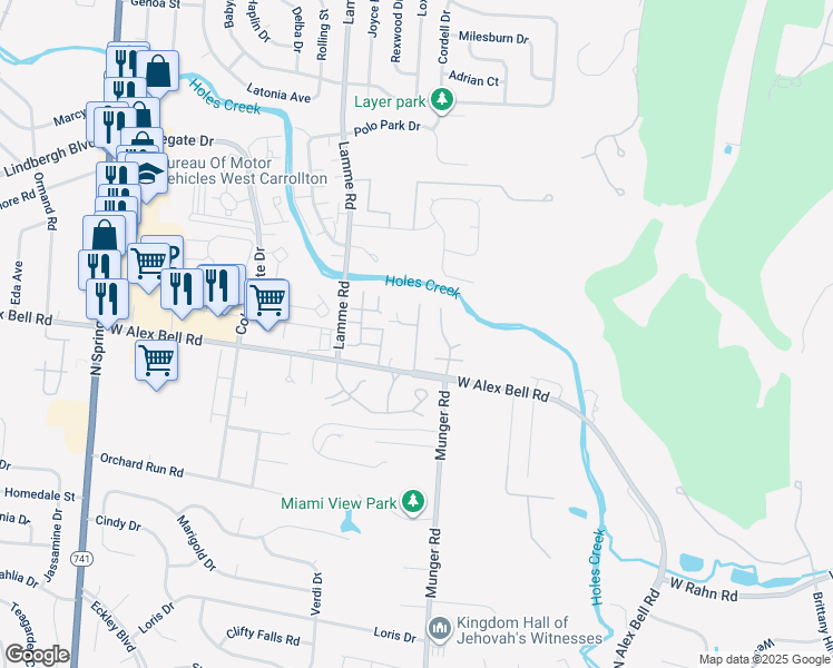 map of restaurants, bars, coffee shops, grocery stores, and more near Dunmore Drive in Dayton