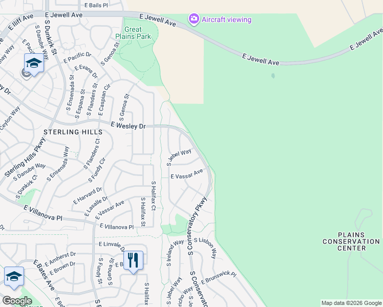 map of restaurants, bars, coffee shops, grocery stores, and more near 2429 South Jebel Way in Aurora
