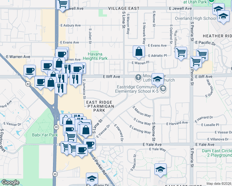 map of restaurants, bars, coffee shops, grocery stores, and more near 2386 South Lansing Street in Aurora