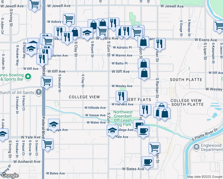 map of restaurants, bars, coffee shops, grocery stores, and more near 2357 West Wesley Avenue in Englewood