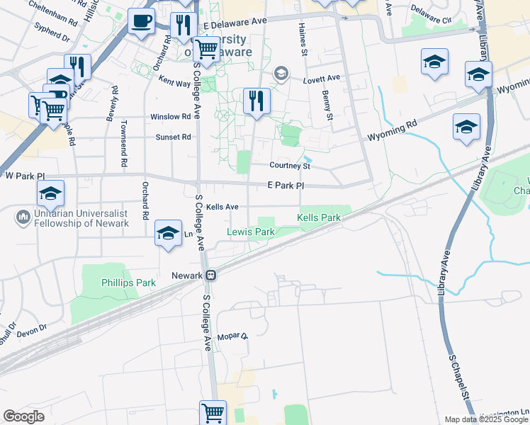 map of restaurants, bars, coffee shops, grocery stores, and more near 78 Kells Avenue in Newark
