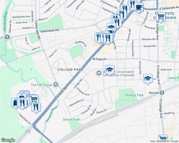 map of restaurants, bars, coffee shops, grocery stores, and more near 650 Lehigh Road in Newark