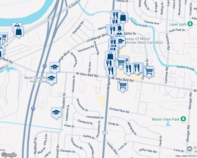 map of restaurants, bars, coffee shops, grocery stores, and more near 3051 West Alex Bell Road in Dayton