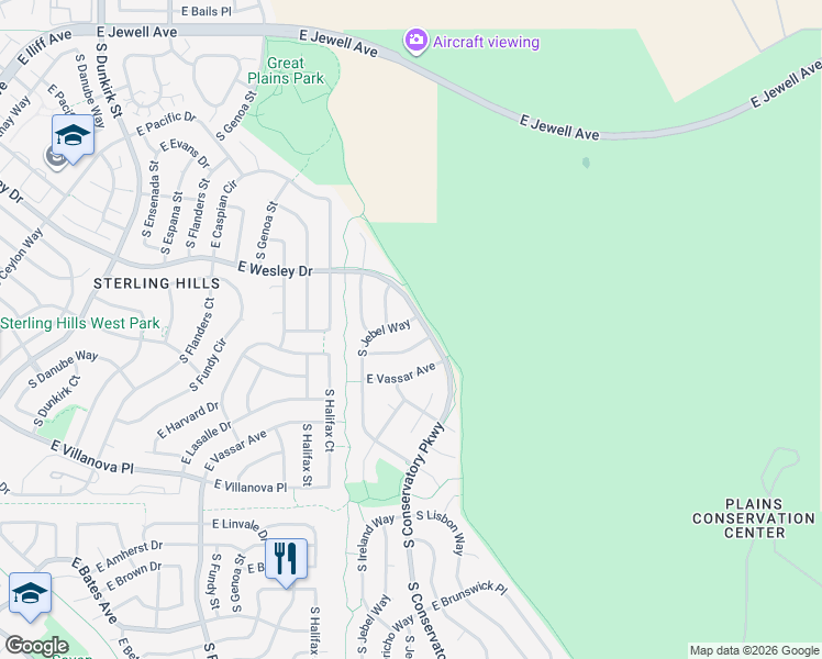 map of restaurants, bars, coffee shops, grocery stores, and more near 2429 South Jebel Way in Aurora