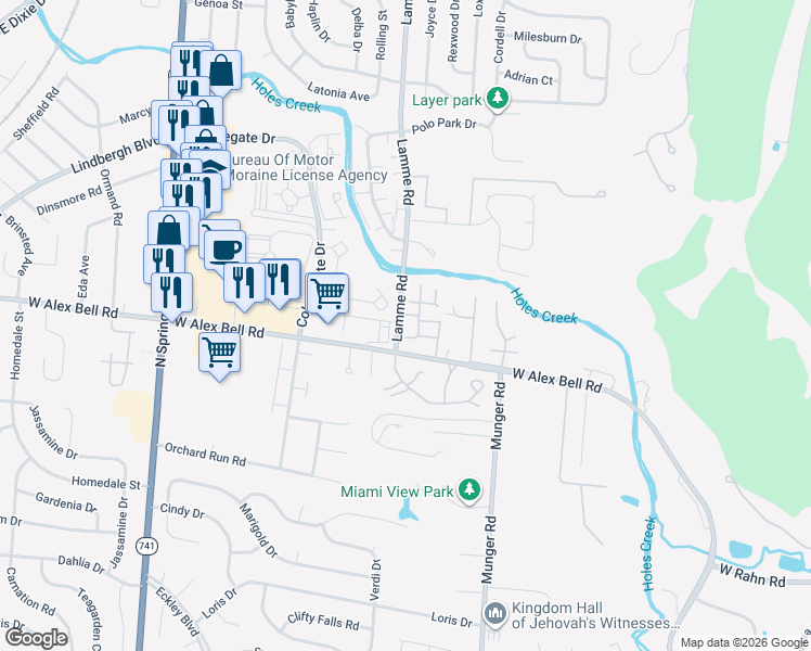 map of restaurants, bars, coffee shops, grocery stores, and more near 5421-5449 Lamme Rd in Dayton