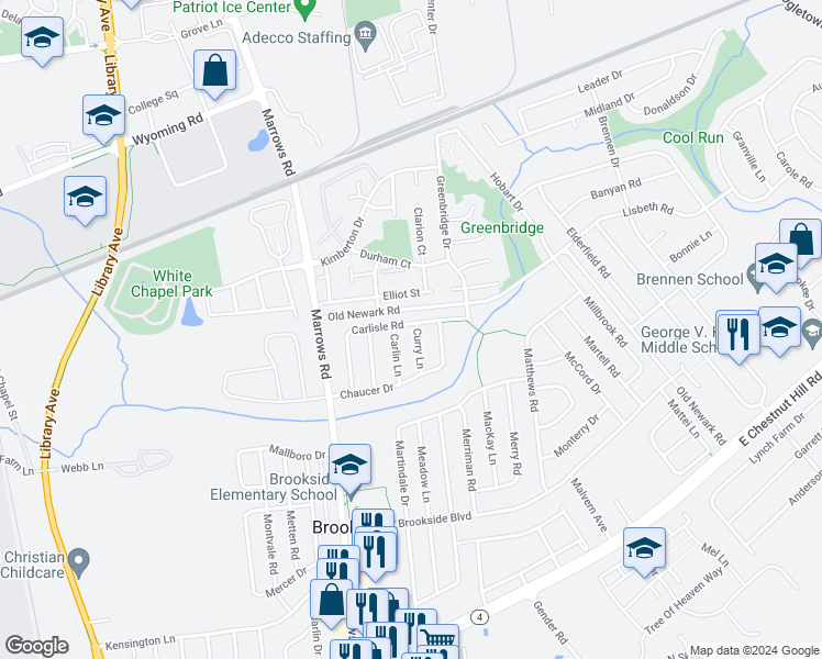 map of restaurants, bars, coffee shops, grocery stores, and more near 33 Curry Lane in Newark