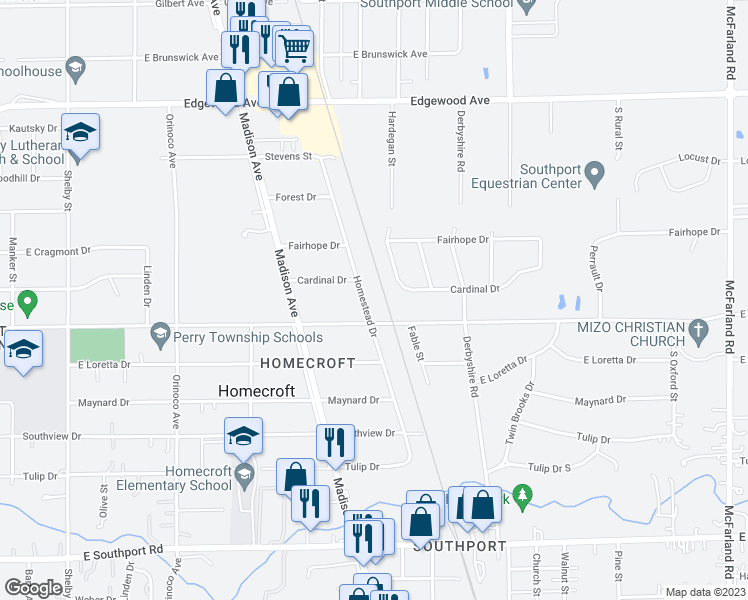 map of restaurants, bars, coffee shops, grocery stores, and more near 6451 Homestead Drive in Indianapolis