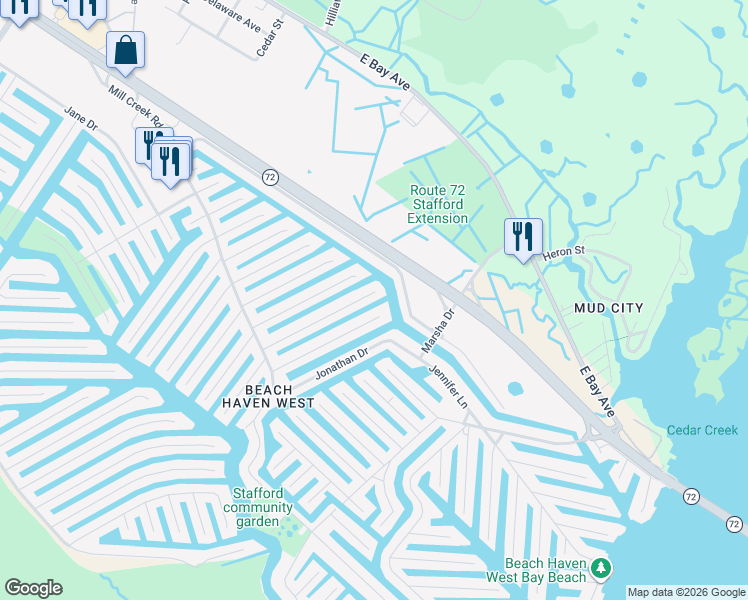 map of restaurants, bars, coffee shops, grocery stores, and more near 116 Mary Alice Road in Stafford Township