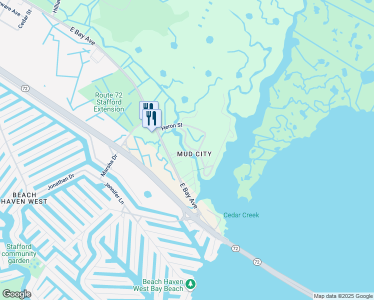 map of restaurants, bars, coffee shops, grocery stores, and more near 1255 West Mallard Drive in Stafford Township