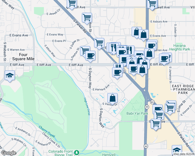 map of restaurants, bars, coffee shops, grocery stores, and more near 9700 East Iliff Avenue in Denver