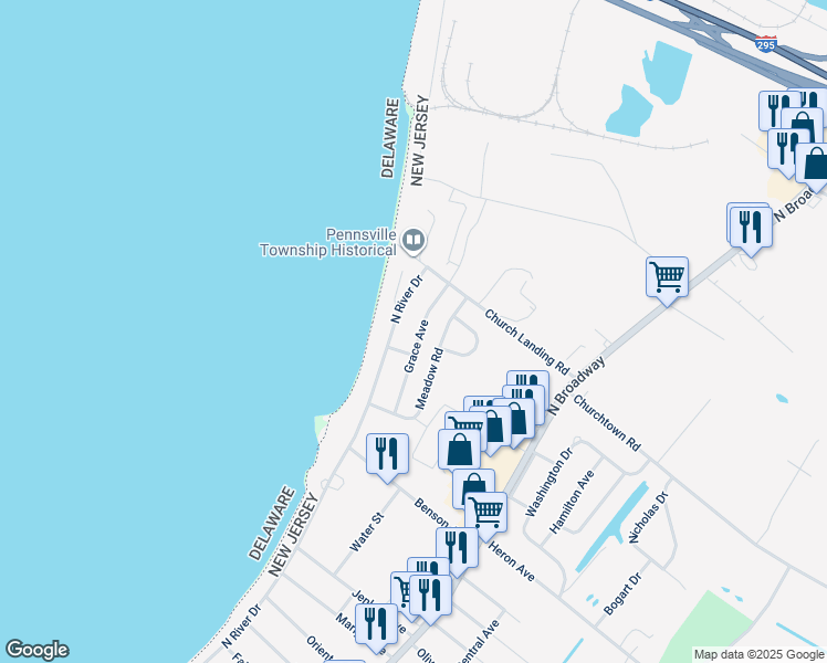 map of restaurants, bars, coffee shops, grocery stores, and more near 25 Grace Avenue in Pennsville Township