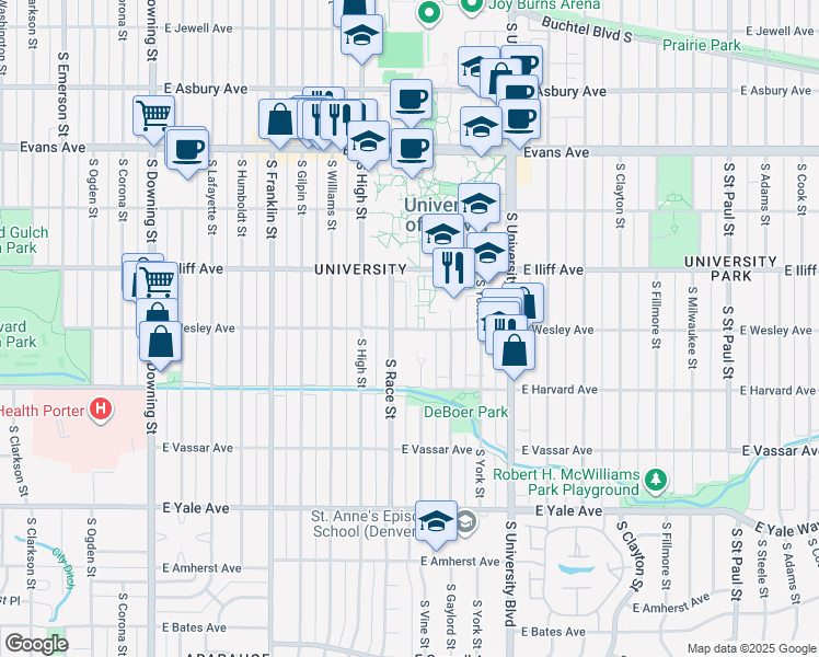 map of restaurants, bars, coffee shops, grocery stores, and more near 2155 East Wesley Avenue in Denver
