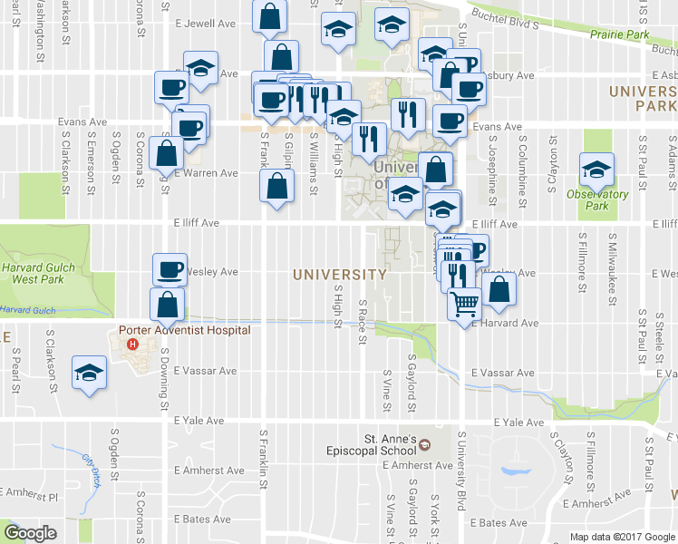 map of restaurants, bars, coffee shops, grocery stores, and more near East Wesley Avenue & South High Street in Denver