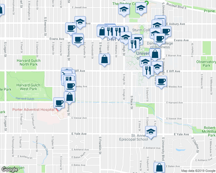 map of restaurants, bars, coffee shops, grocery stores, and more near E Wesley Ave & S Gilpin St in Denver