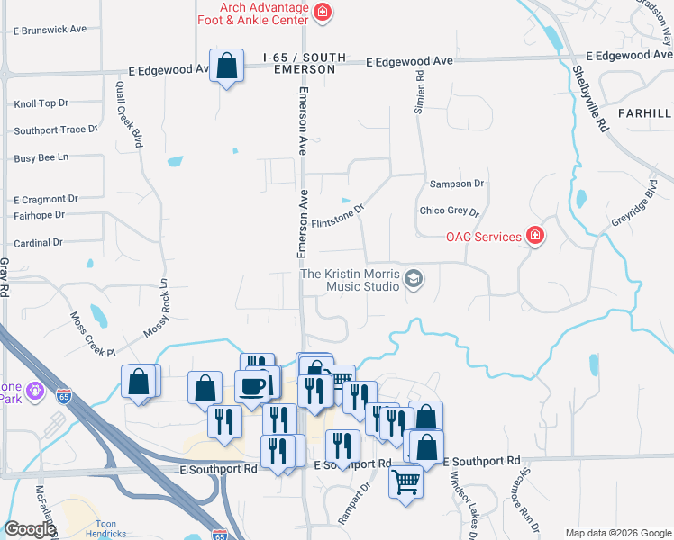 map of restaurants, bars, coffee shops, grocery stores, and more near 5129 Marble Court in Indianapolis