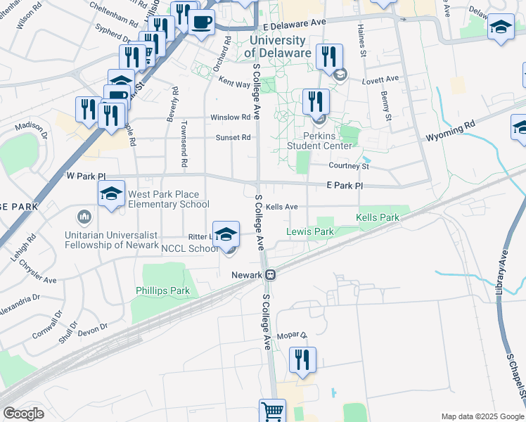 map of restaurants, bars, coffee shops, grocery stores, and more near 5 Kells Avenue in Newark