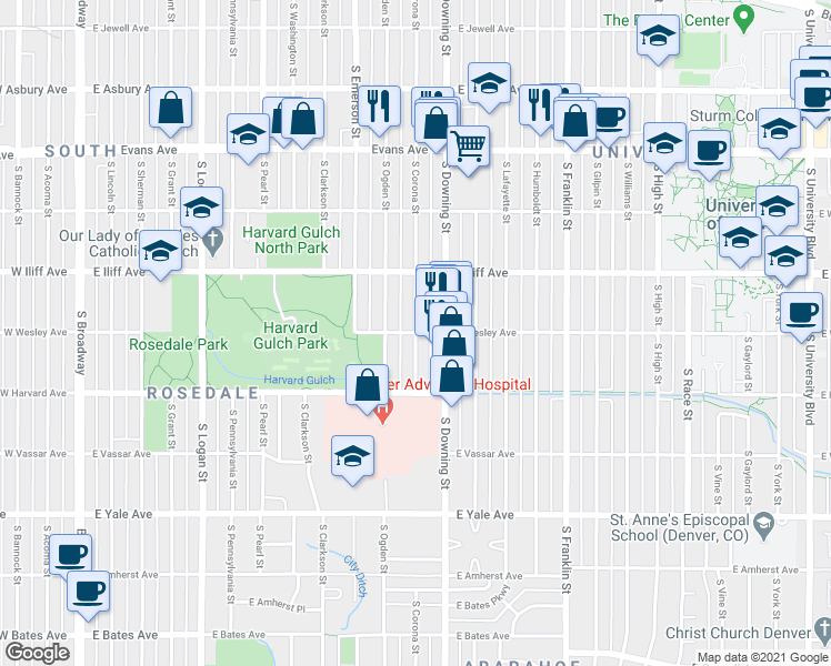 map of restaurants, bars, coffee shops, grocery stores, and more near East Wesley Avenue & South Corona Street in Denver