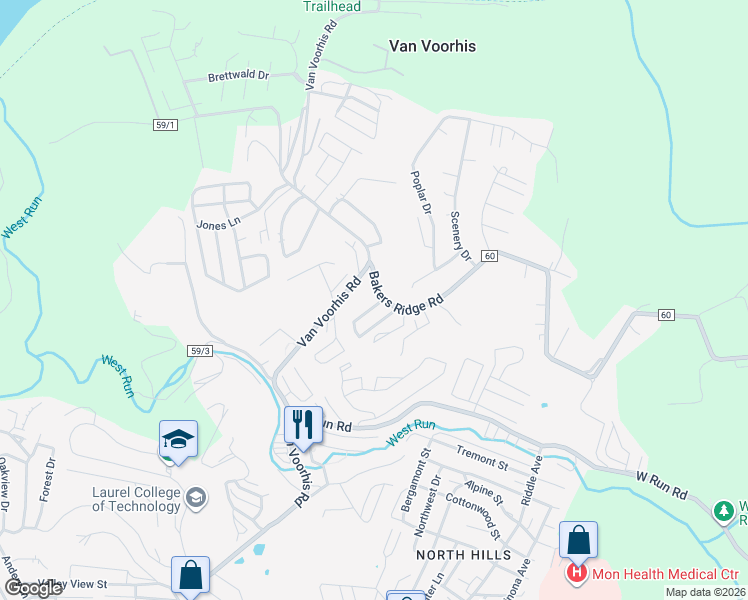 map of restaurants, bars, coffee shops, grocery stores, and more near 2 Van Voorhis Road in Morgantown