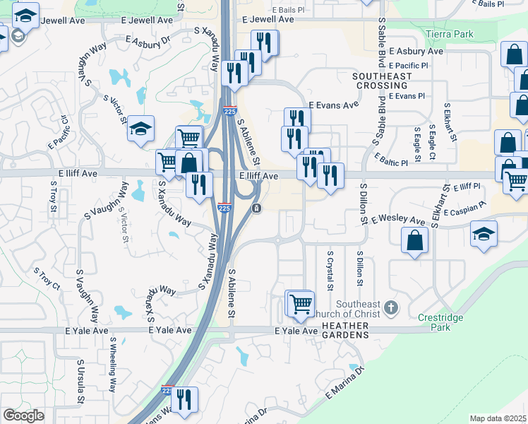map of restaurants, bars, coffee shops, grocery stores, and more near 13941 East Harvard Avenue in Aurora