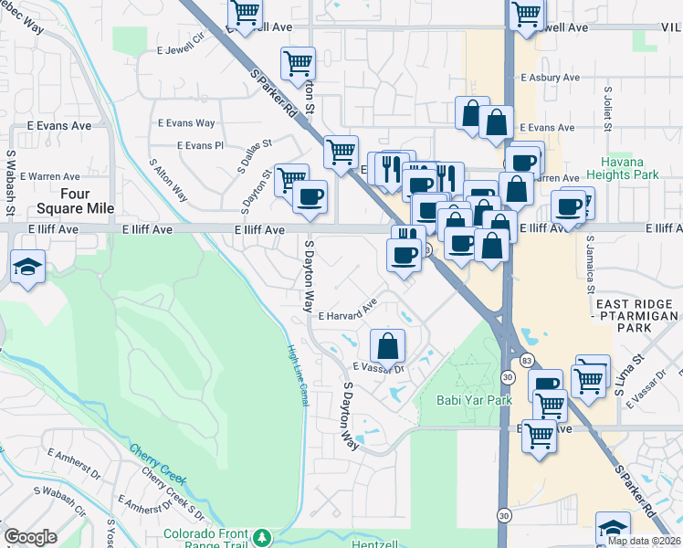 map of restaurants, bars, coffee shops, grocery stores, and more near 9995 East Harvard Avenue in Denver