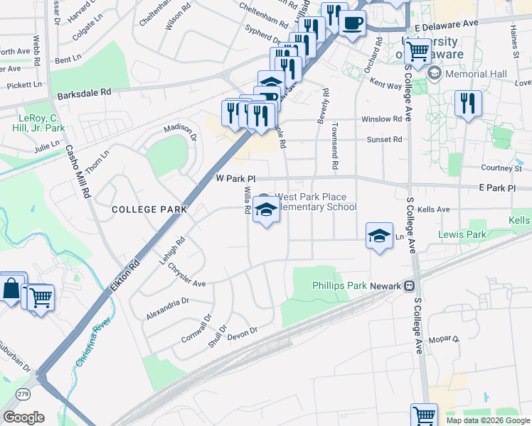 map of restaurants, bars, coffee shops, grocery stores, and more near 193 West Park Place in Newark