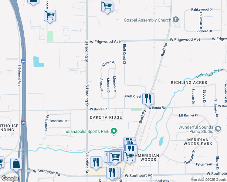 map of restaurants, bars, coffee shops, grocery stores, and more near 6327 Monteo Drive in Indianapolis