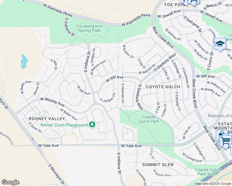 map of restaurants, bars, coffee shops, grocery stores, and more near 2325 South Juniper Circle in Lakewood
