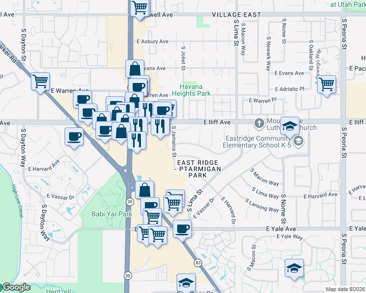 map of restaurants, bars, coffee shops, grocery stores, and more near 10803 East Wesley Avenue in Aurora