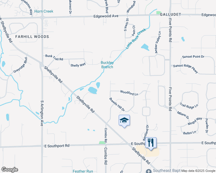 map of restaurants, bars, coffee shops, grocery stores, and more near 6514 Breeds Hill Drive in Indianapolis