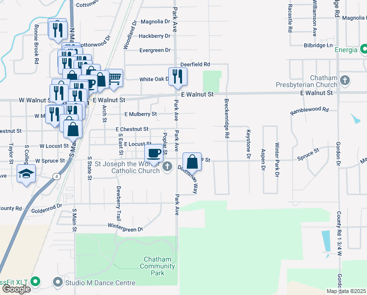 map of restaurants, bars, coffee shops, grocery stores, and more near 114-198 South Park Avenue in Chatham
