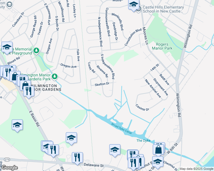 map of restaurants, bars, coffee shops, grocery stores, and more near 106 Skelton Drive in New Castle